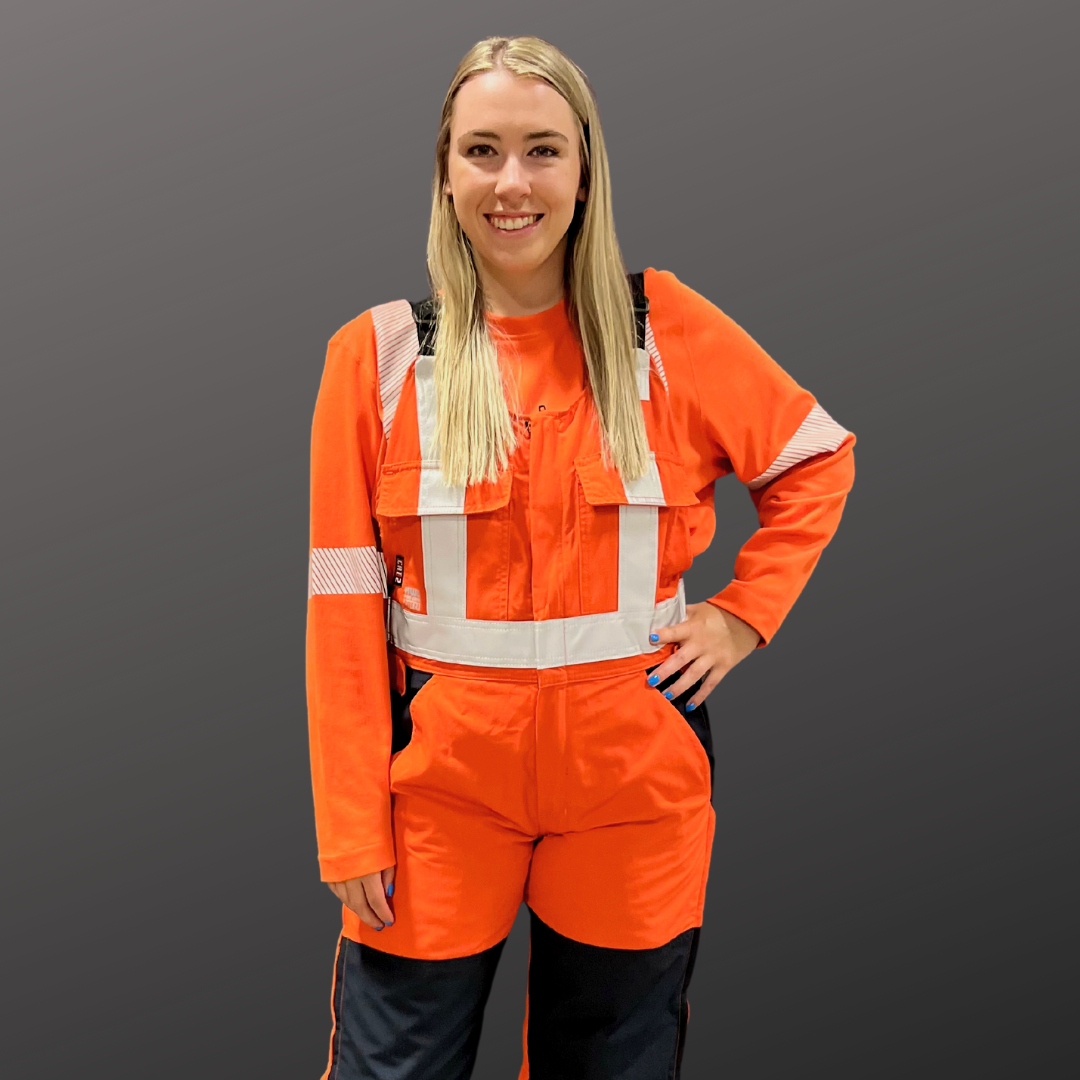 MWG RIPGUARD Women's FR Overall. Women's FR Overall has two chest pockets with flaps and black shoulder straps. Women's FR Overall has an 8 ATPV and CAT 2 FR rating.
