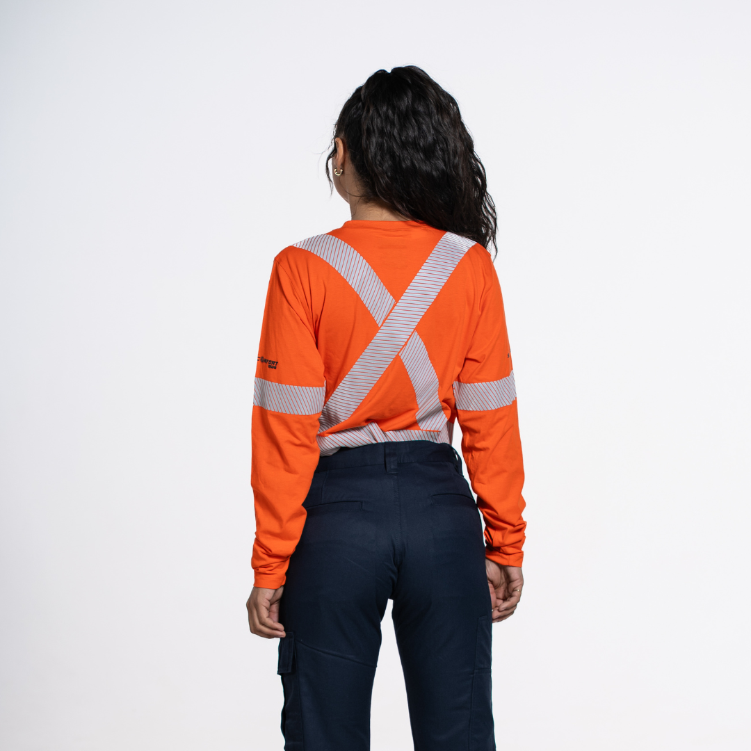 MWG SUMMER COMFORT Women's Hi Vis Long Sleeve. Women's Hi Vis Shirt is bright orange with silver reflective striping. Women's Hi Vis Shirt meets CSA Standard for high-visibility.