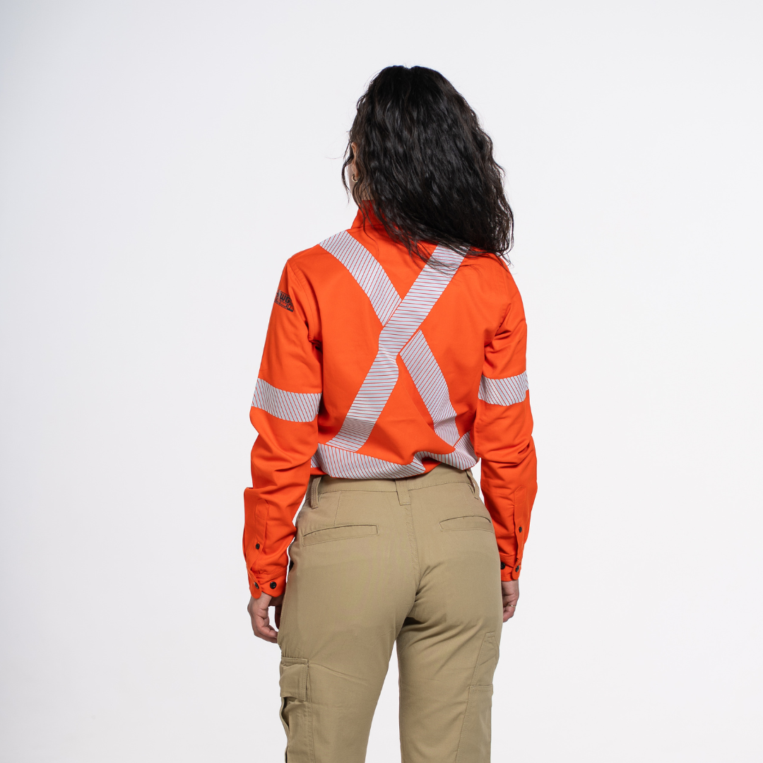 MWG COMFORT WEAVE Women's FR Shirt. Women's FR Shirt is bright orange with silver reflective. Women's FR Shirt is CAT 2 FR.