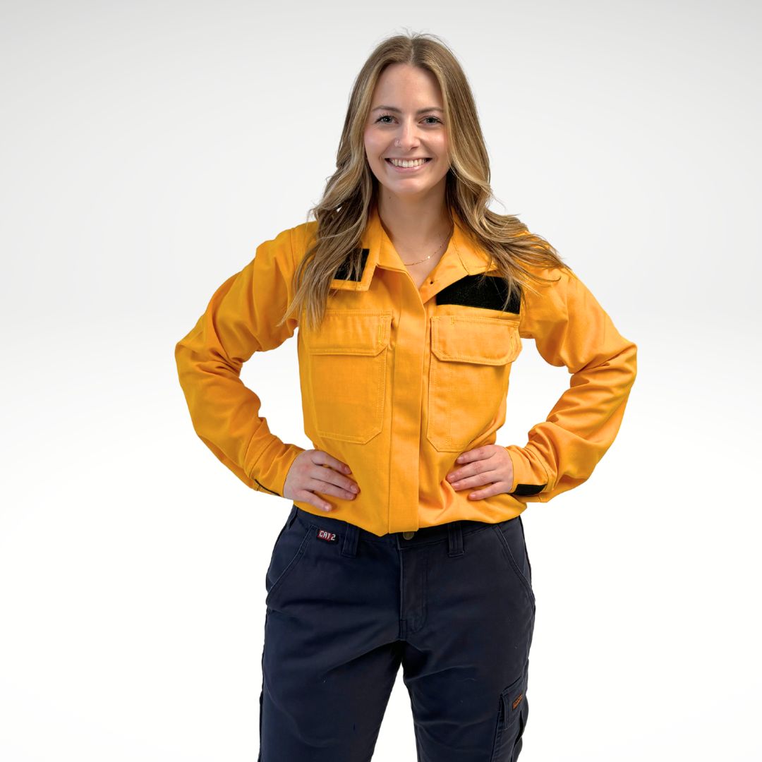 Women's FR Wildland Firefighting Shirt. Women's FR Shirt is bright yellow with silver reflective striping.