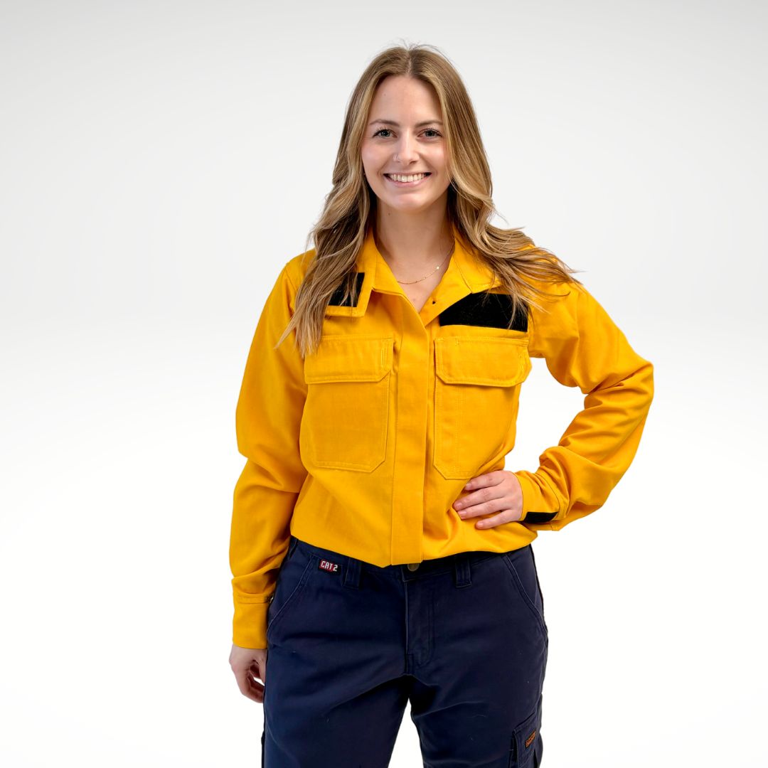Women's FR Wildland Firefighting Shirt. Women's FR Shirt is bright yellow with silver reflective striping.