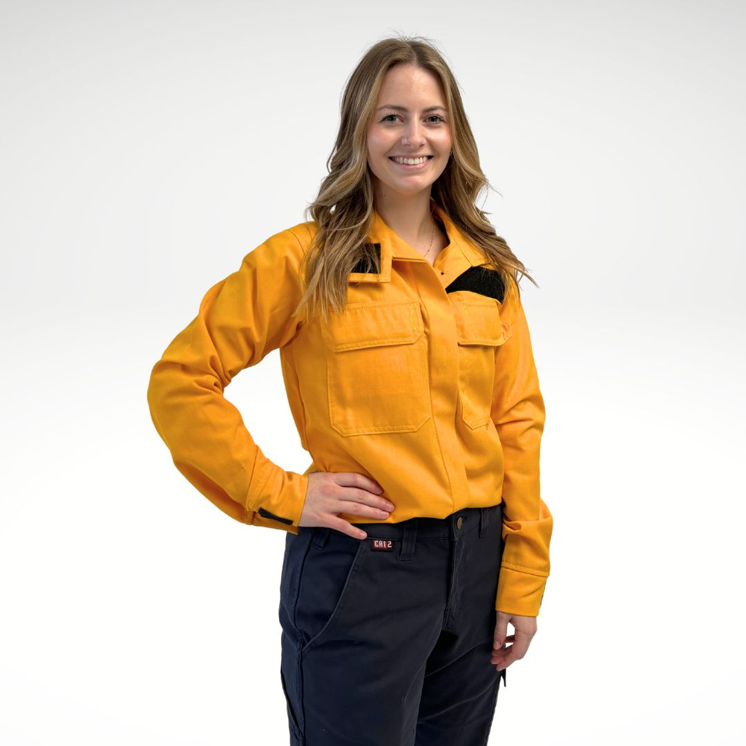 Women's FR Wildland Firefighting Shirt. Women's FR Shirt is bright yellow with silver reflective striping.