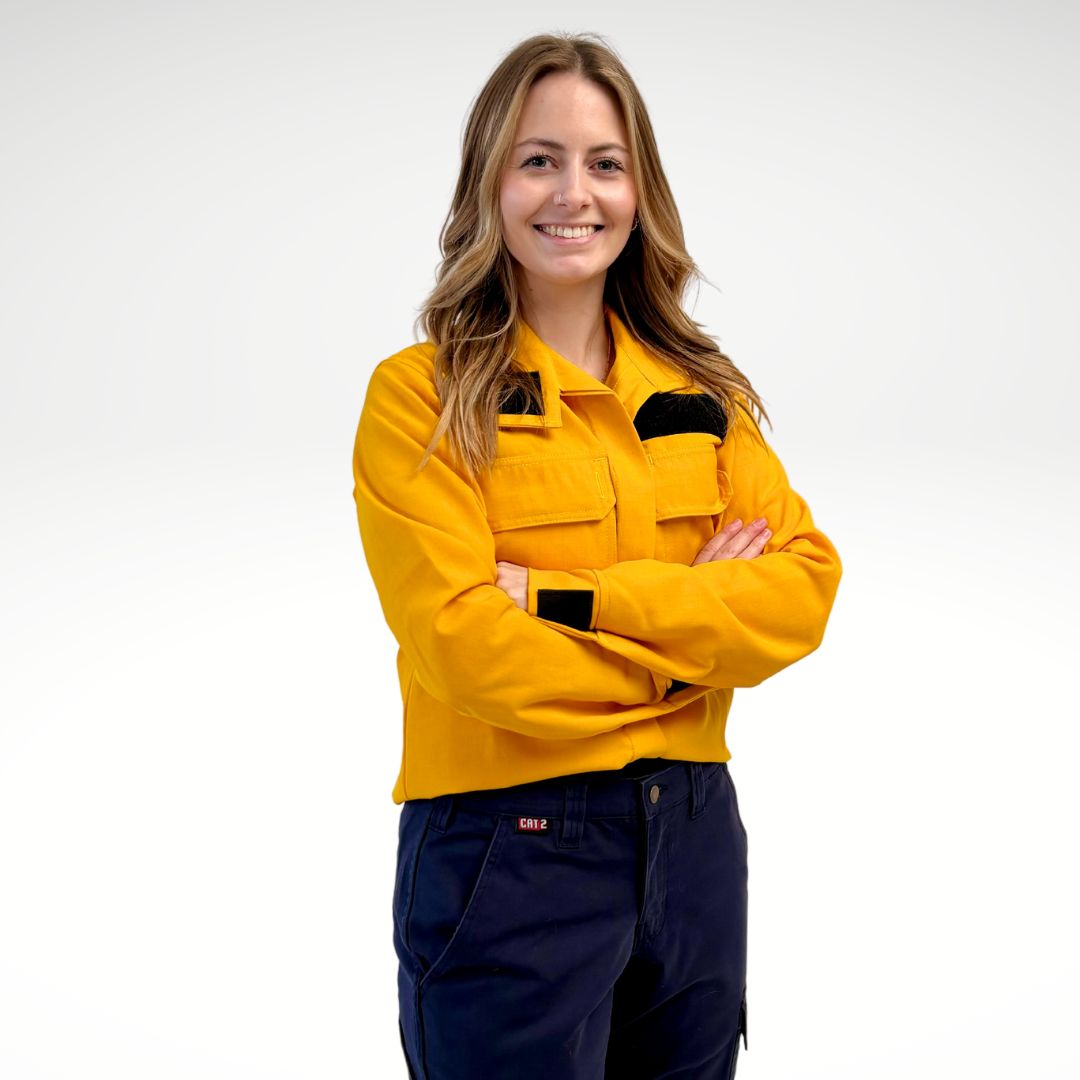 Women's FR Wildland Firefighting Shirt. Women's FR Shirt is bright yellow with silver reflective striping.