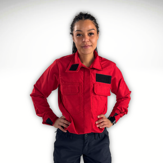MWG RIPGUARD Women's FR Wildland Shirt. Women's FR Shirt is bright red with a black velcro name patch.