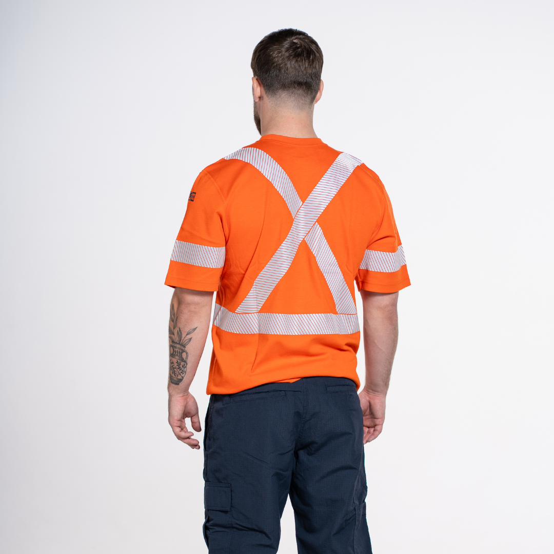 MWG EVOLUTION Men's FR T-Shirt. FR T-Shirt is bright orange with silver reflective striping. FR Shirt is CAT 2 FR.