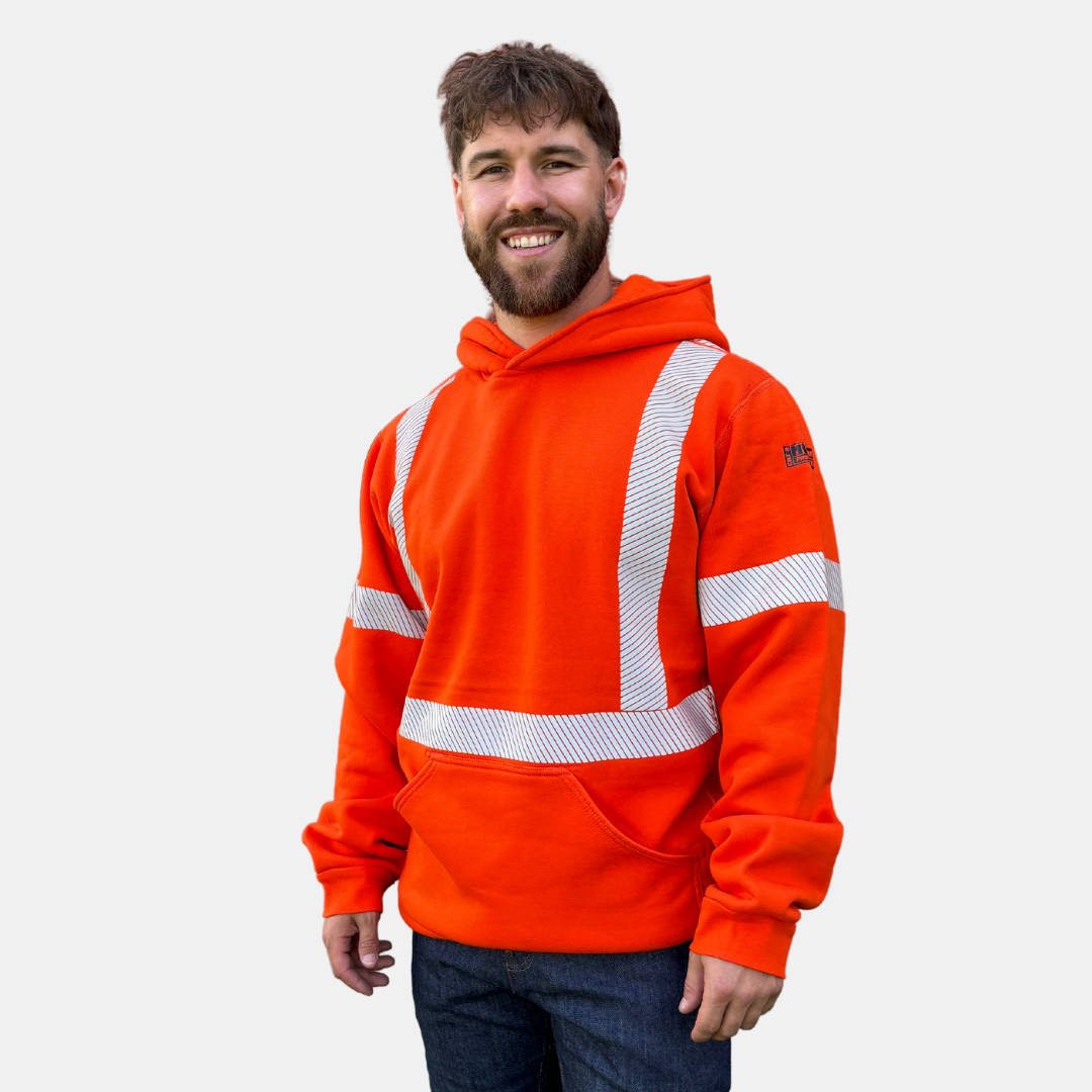 Image of MWG COTTON COMFORT FR/AR Pullover Hoodie. FR/AR Hoodie is bright orange with silver segmented reflective for high-visibility. MWG COTTON COMFORT is a treated cotton flame-resistant fabric. MWG COTTON COMFORT is an affordable FR clothing option.