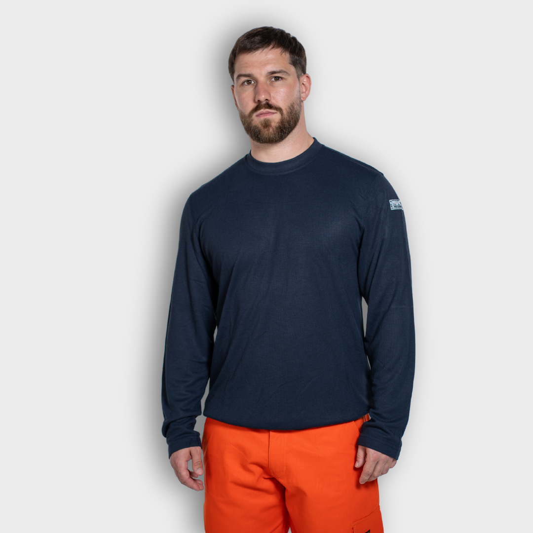 MWG TRANSMISSION Men's FR Base Layer Long Sleeve. FR Base Layer is navy and is CAT 2 FR.