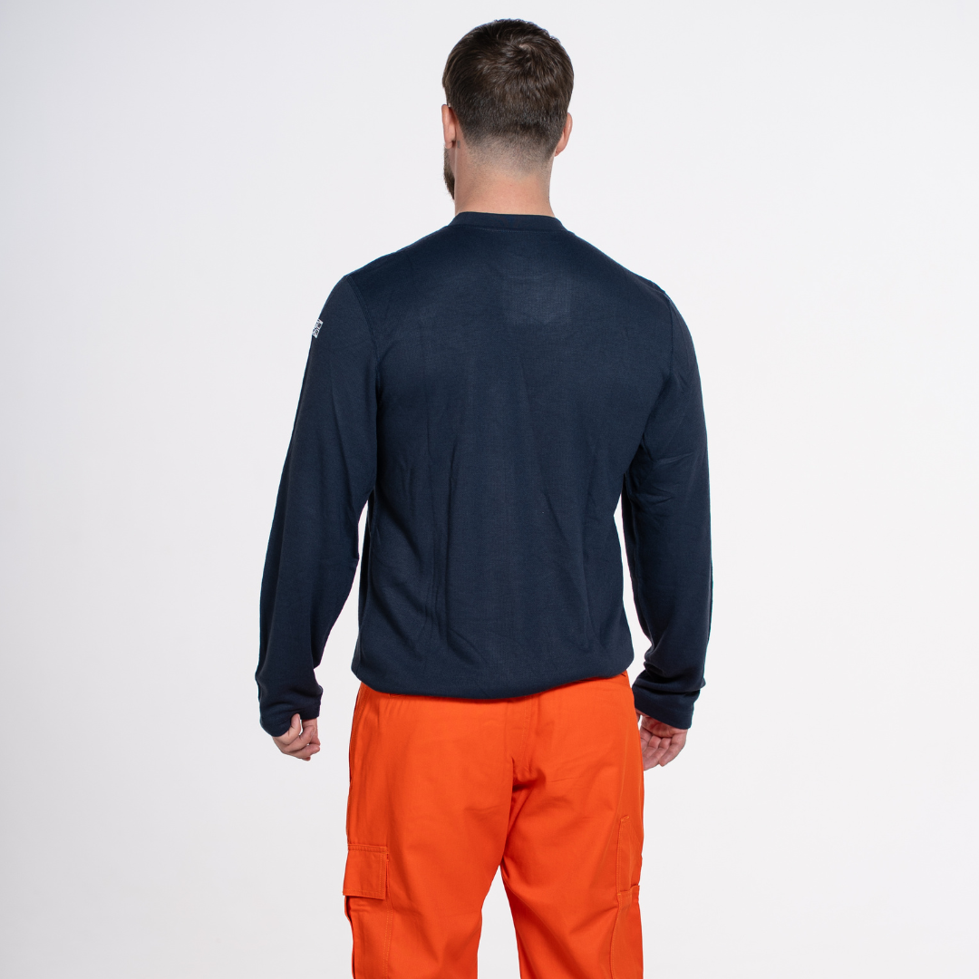 MWG TRANSMISSION Men's FR Base Layer Long Sleeve. FR Base Layer is navy and is CAT 2 FR.