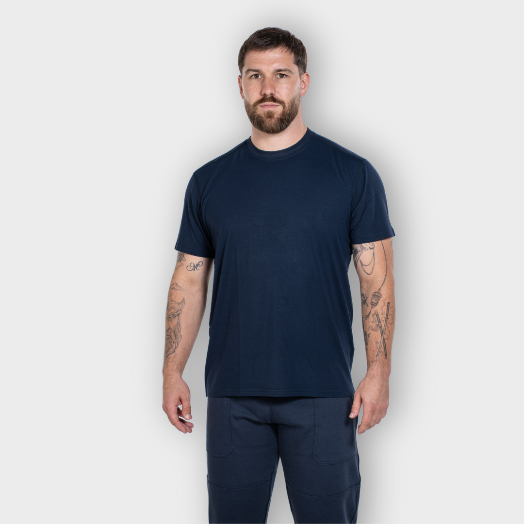 MWG FLEXSAFE Men's FR Base Layer T-Shirt. Men's FR T-Shirt is navy. FR T-Shirt is inherently flame-resistant.