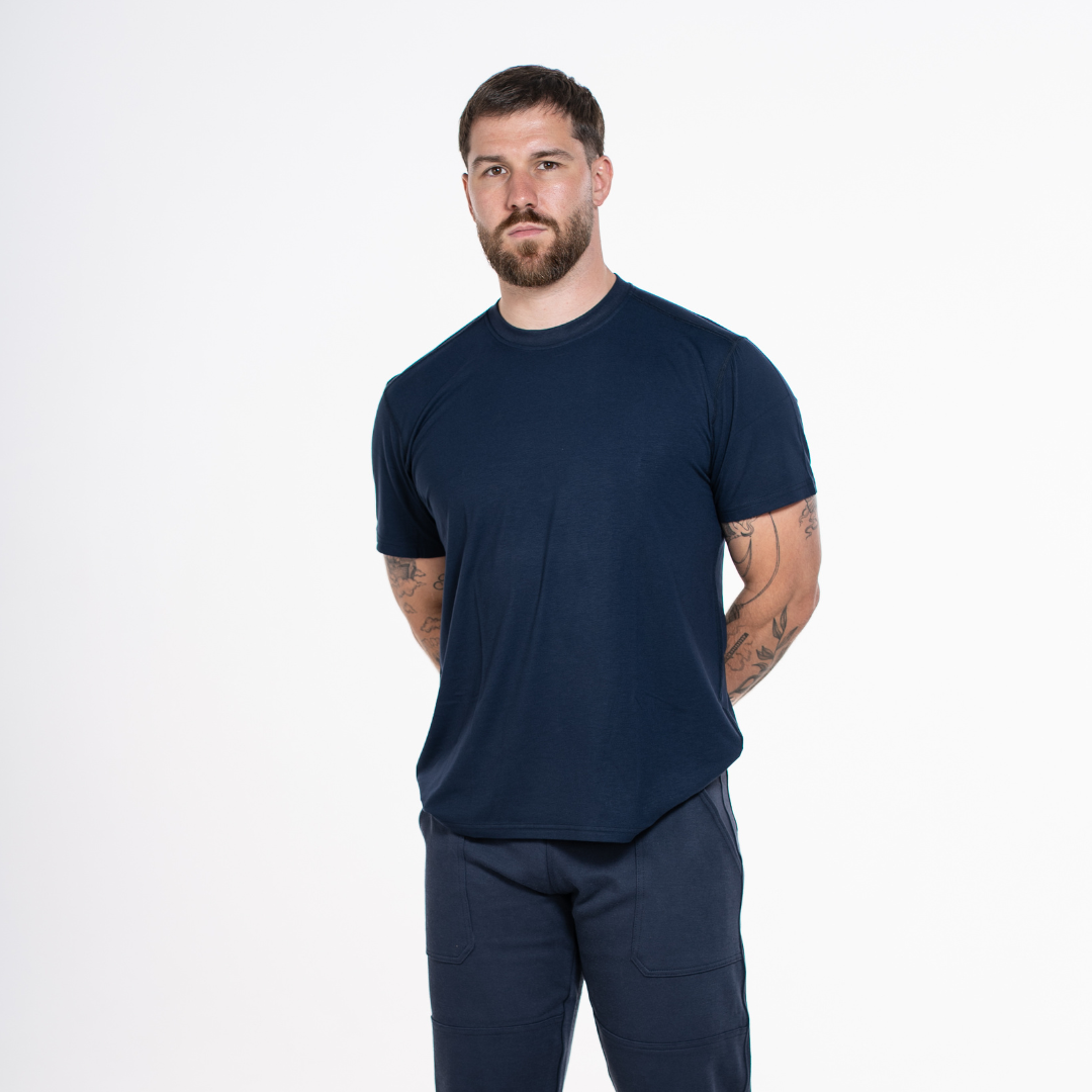 MWG FLEXSAFE Men's FR Base Layer T-Shirt. Men's FR T-Shirt is navy. FR T-Shirt is inherently flame-resistant.