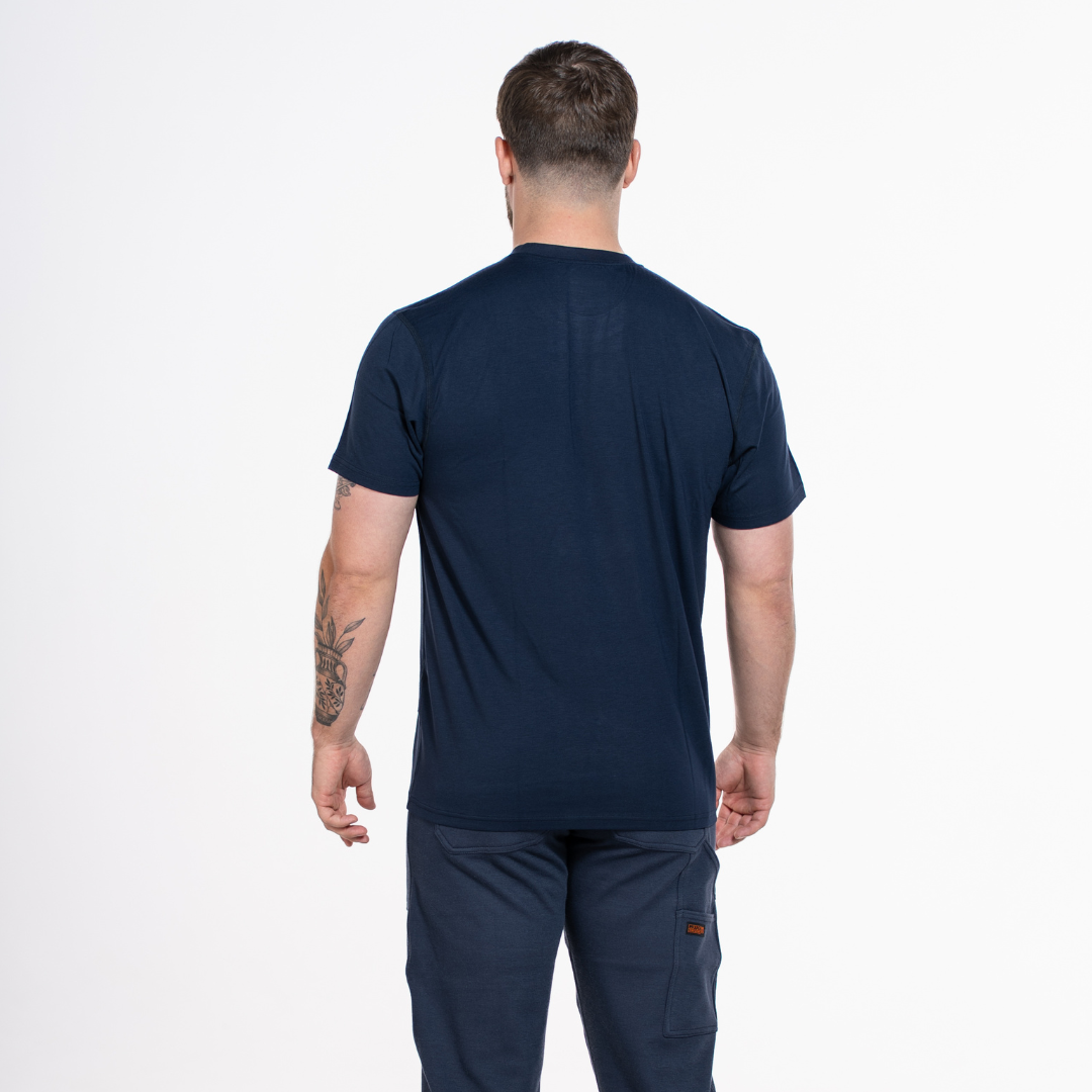 MWG FLEXSAFE Men's FR Base Layer T-Shirt. Men's FR T-Shirt is navy. FR T-Shirt is inherently flame-resistant.