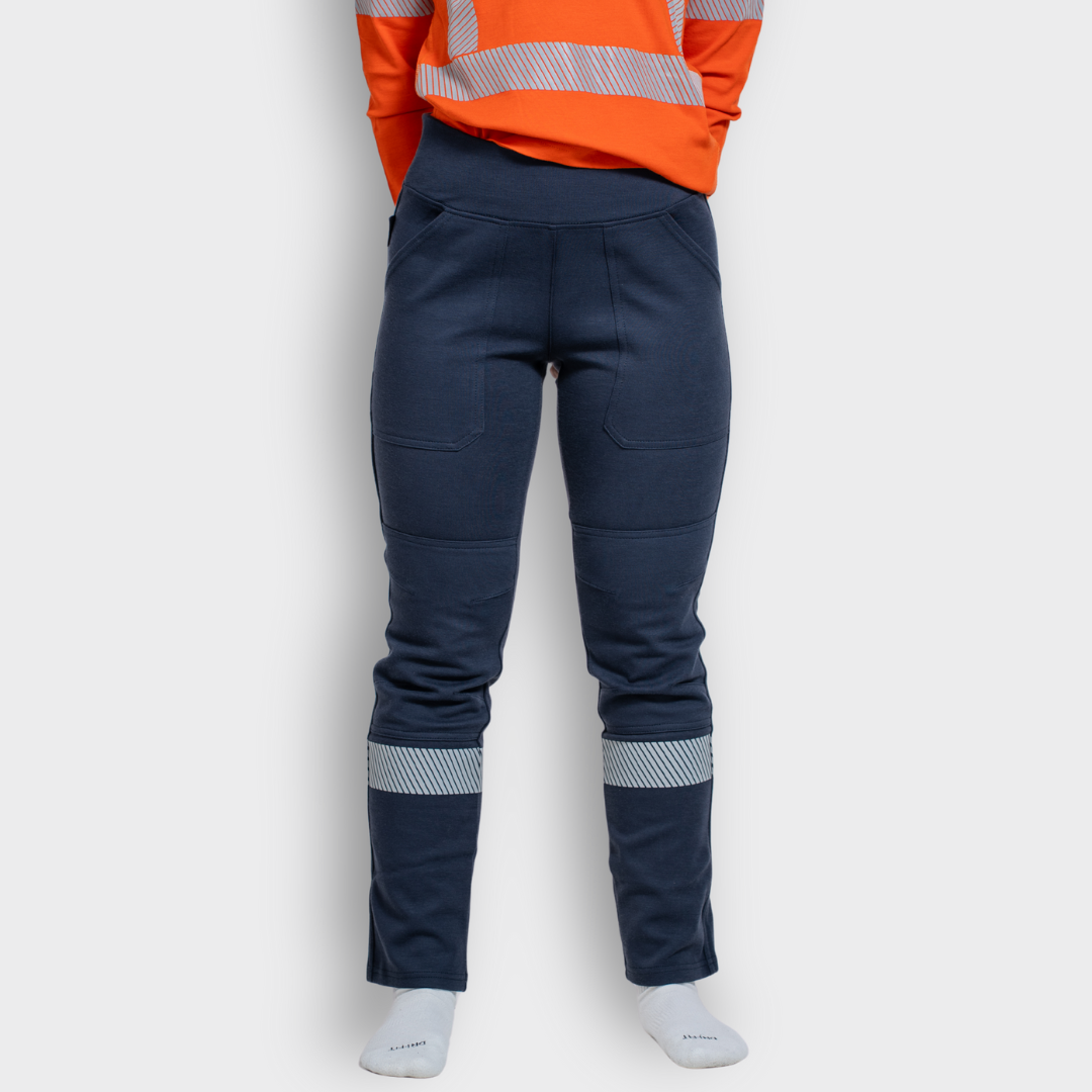 MWG PROFLEX Women's FR Utility Jogger. Women's FR Pant is navy with silver reflective striping. Women's FR Pant is CAT 3 FR.