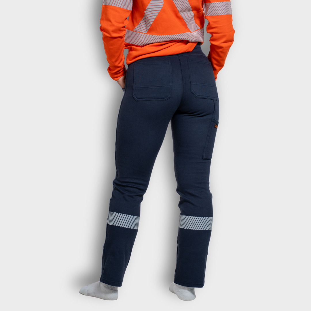 MWG PROFLEX Women's FR Utility Jogger. Women's FR Pant is navy with silver reflective striping. Women's FR Pant is CAT 3 FR.