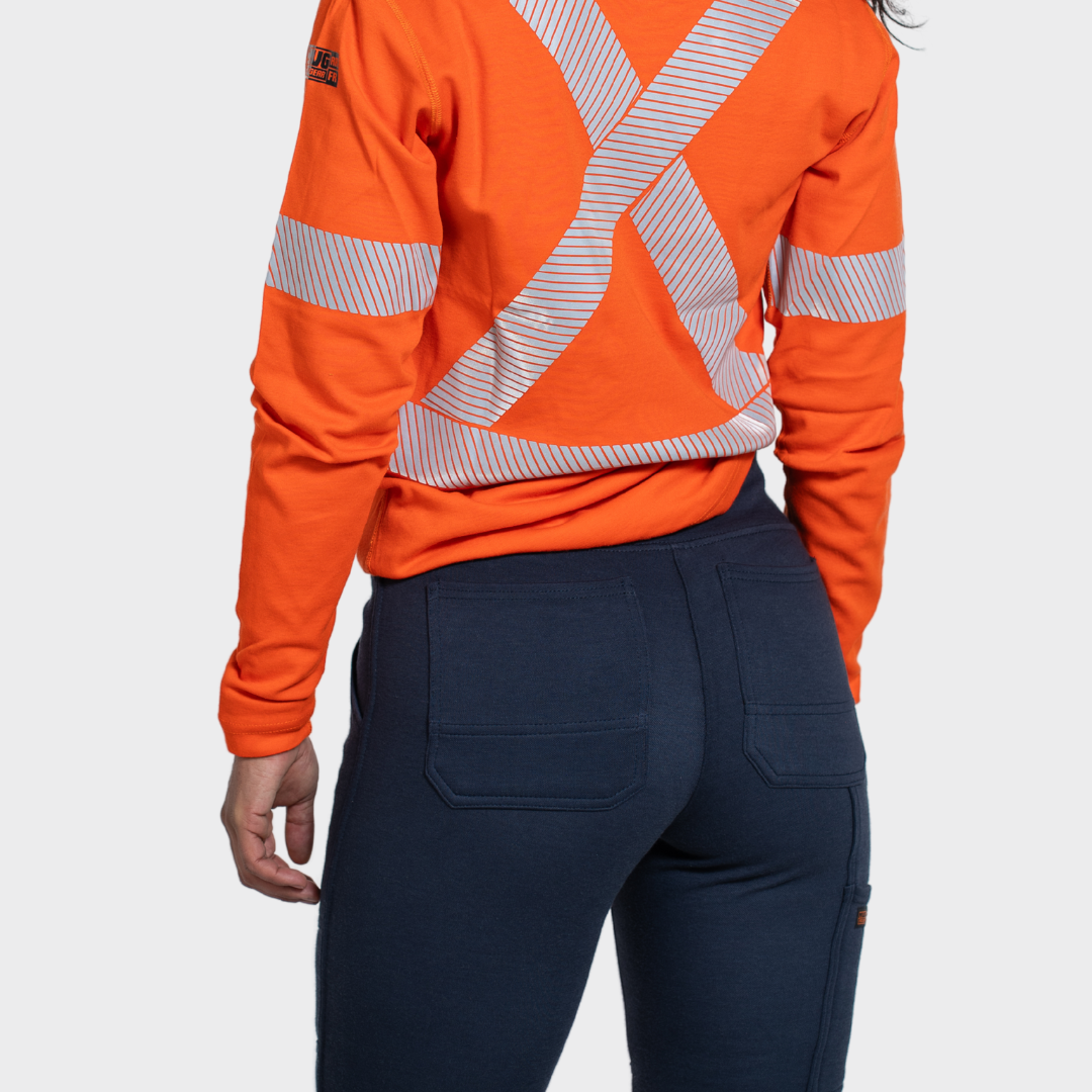 MWG PROFLEX Women's FR Utility Jogger. Women's FR Pant is navy with silver reflective striping. Women's FR Pant is CAT 3 FR.