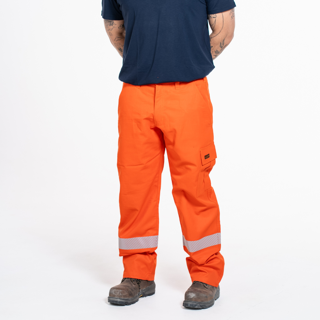 MWG COMFORT WEAVE Men's FR Utility Pant. Men's FR Pant is bright orange with silver reflective. Men's FR Pant is CAT 2 FR and Class 3 hi-vis when worn with Class 2 hi-vis shirt.
