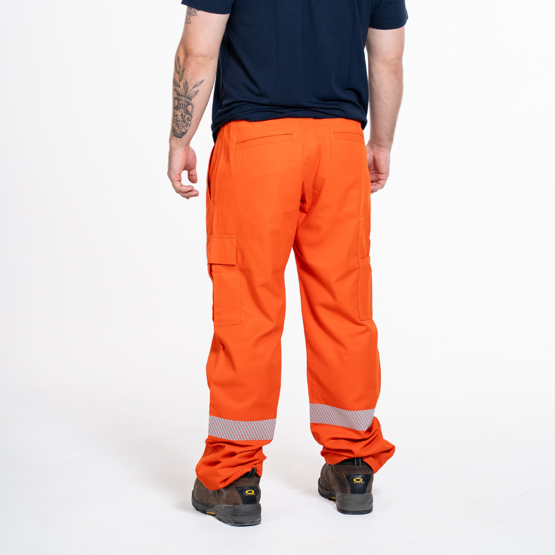MWG COMFORT WEAVE Men's FR Utility Pant. Men's FR Pant is bright orange with silver reflective. Men's FR Pant is CAT 2 FR and Class 3 hi-vis when worn with Class 2 hi-vis shirt.