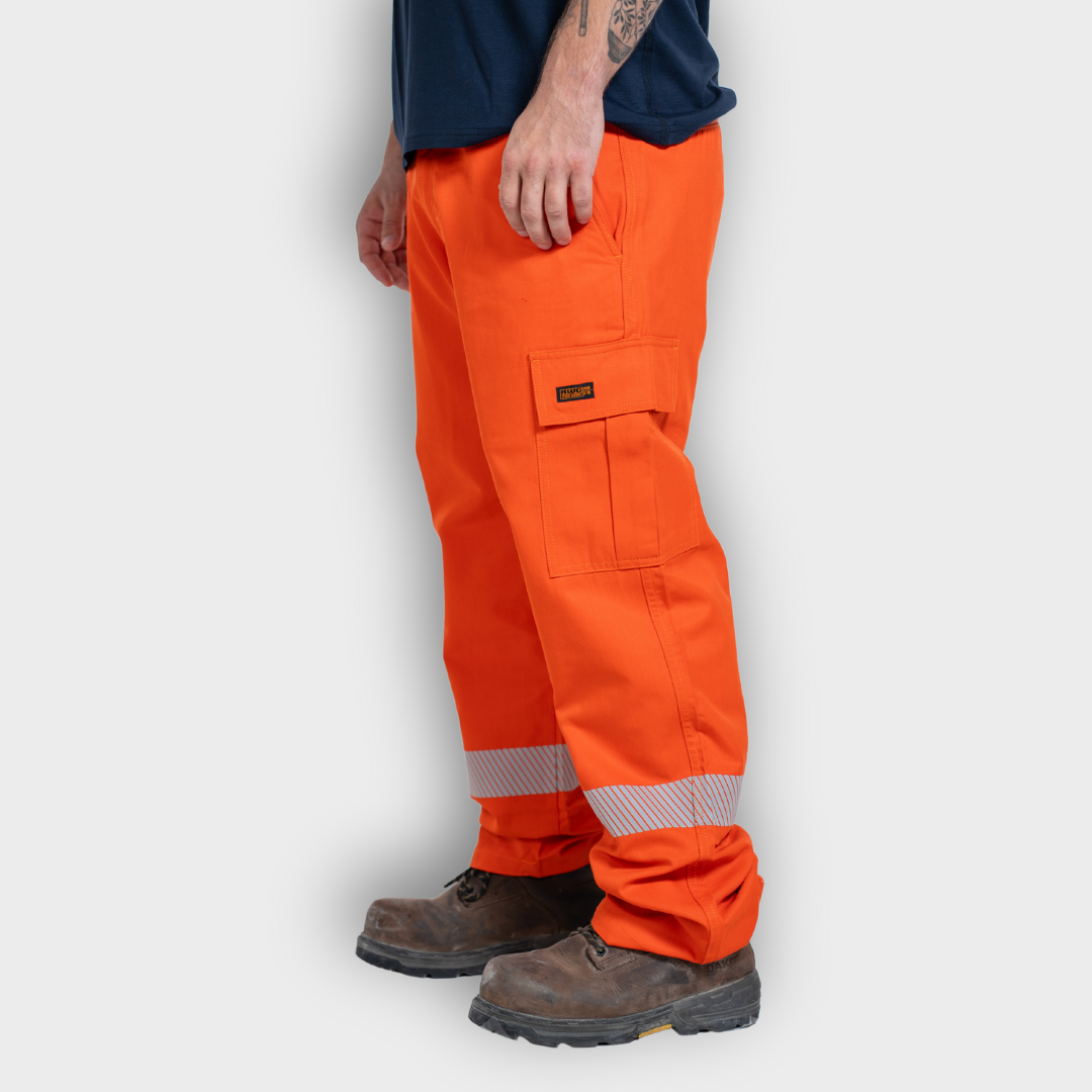 MWG COMFORT WEAVE Men's FR Utility Pant. Men's FR Pant is bright orange with silver reflective. Men's FR Pant is CAT 2 FR and Class 3 hi-vis when worn with Class 2 hi-vis shirt.