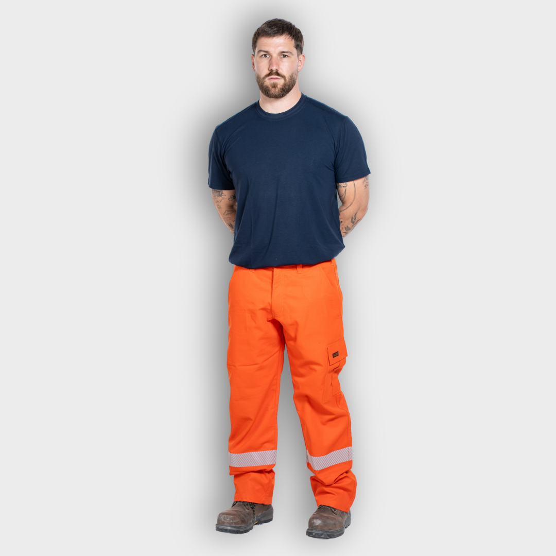 MWG COMFORT WEAVE Men's FR Utility Pant. Men's FR Pant is bright orange with silver reflective. Men's FR Pant is CAT 2 FR and Class 3 hi-vis when worn with Class 2 hi-vis shirt.