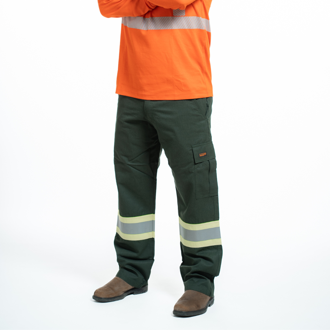 MWG COMFORT WEAVE Men's FR Utility Pant. Spruce green with yellow silver yellow reflective striping on lower leg. CAT 2 FR.