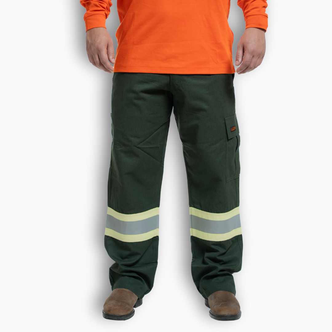 MWG COMFORT WEAVE Men's FR Utility Pant. Spruce green with yellow silver yellow reflective striping on lower leg. CAT 2 FR.