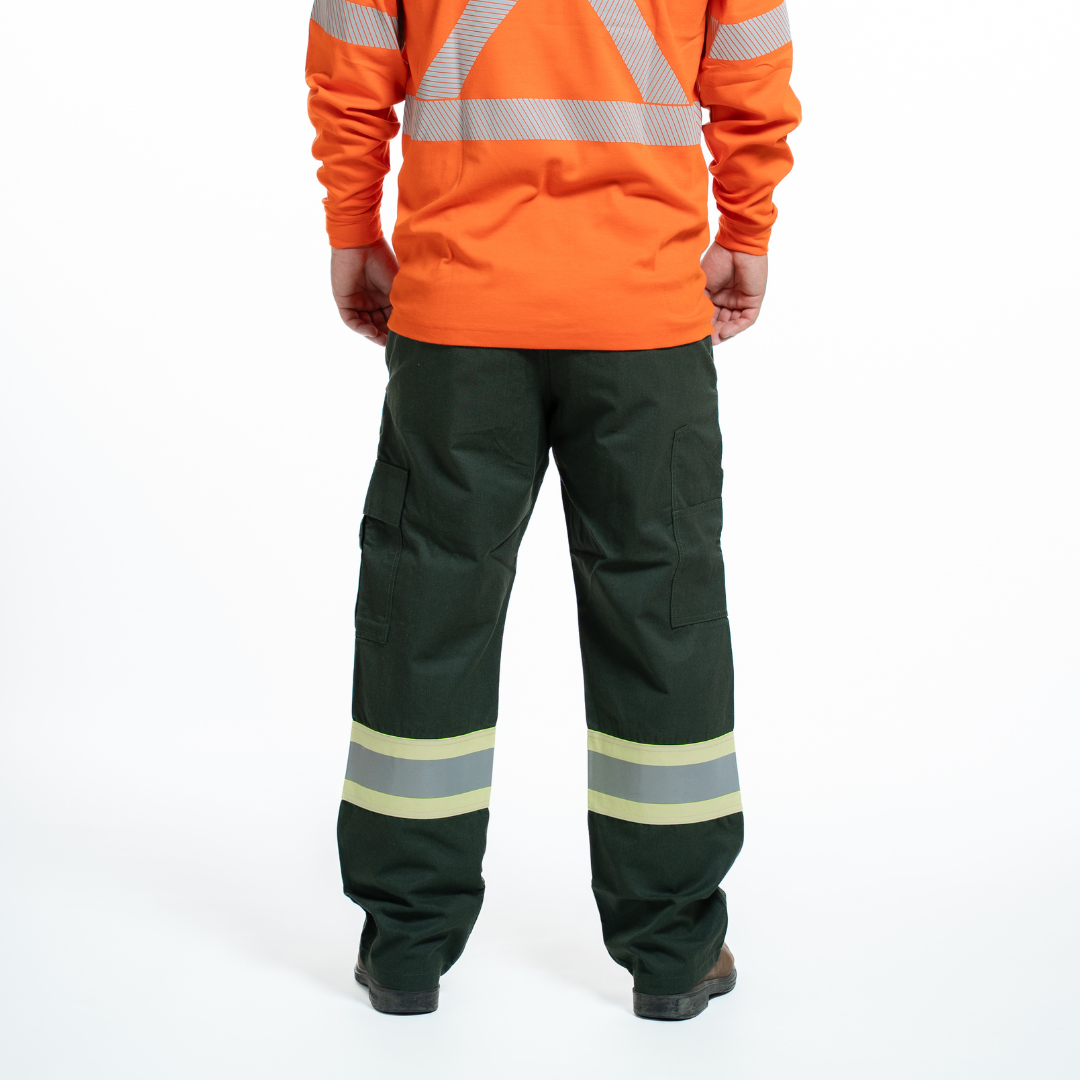 MWG COMFORT WEAVE Men's FR Utility Pant. Spruce green with yellow silver yellow reflective striping on lower leg. CAT 2 FR.