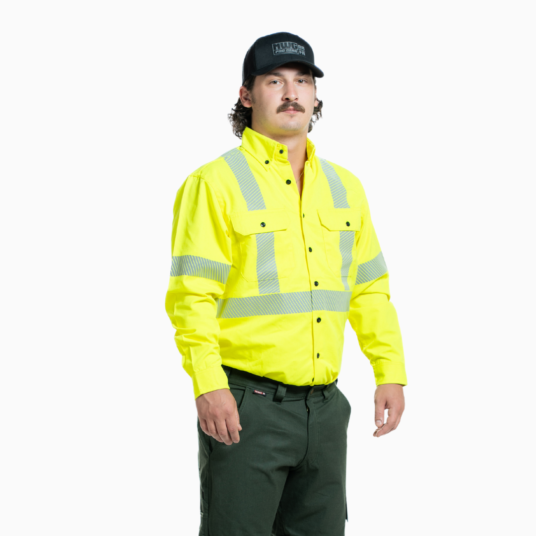 MWG COMFORT WEAVE Men's FR Button Shirt. FR Shirt is ansi yellow with reflective striping. CAT 2 FR.