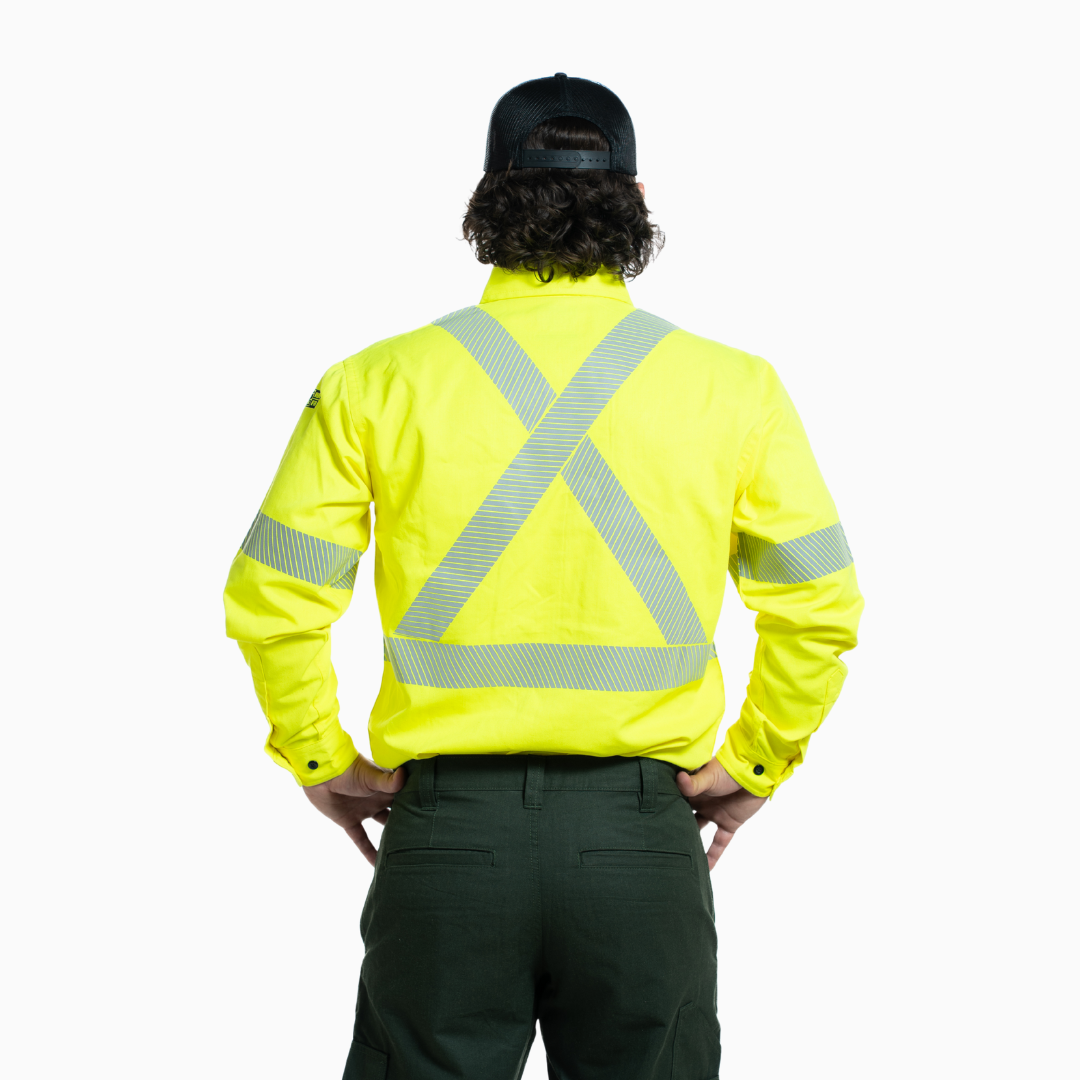 MWG COMFORT WEAVE Men's FR Button Shirt. FR Shirt is ansi yellow with reflective striping. CAT 2 FR.