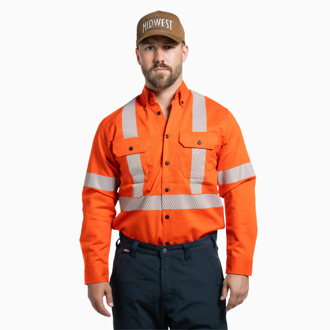 MWG COTTON COMFORT Men's FR Shirt. Men's FR Shirt is bright orange with silver segmented reflective striping on torso and sleeves for high-visibility. Men's FR Work Shirt has a dress shirt collar and black FR buttons on front. Men's FR Shirt has two large chest pockets with flaps. Men's FR Shirt is made with MWG COTTON COMFORT, a cotton-rich flame-resistant fabric. Men's FR Shirt has a CAT 2 FR rating.