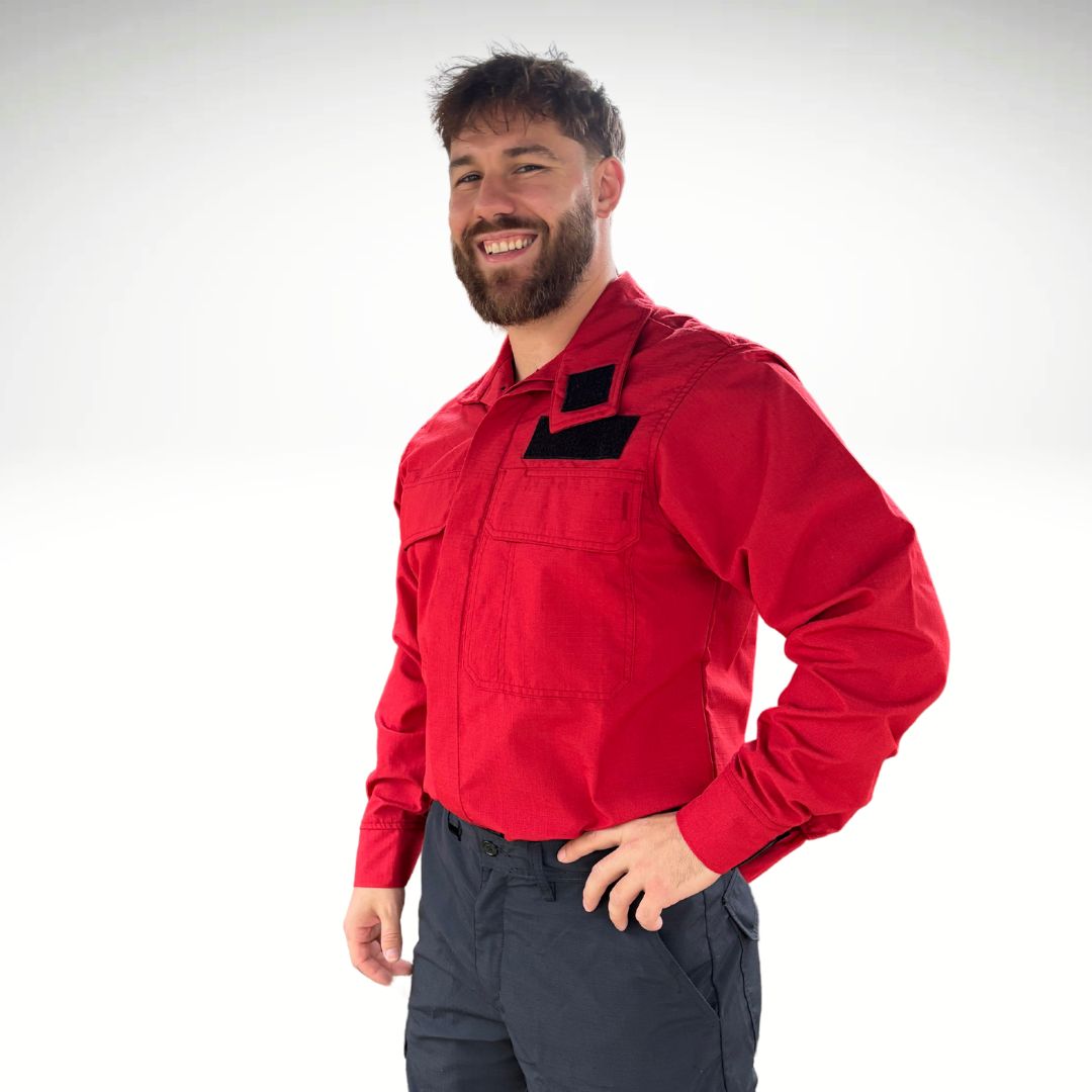MWG RIPGUARD Men's FR Wildland Shirt. Men's FR Shirt is bright red with a black velcro name patch.