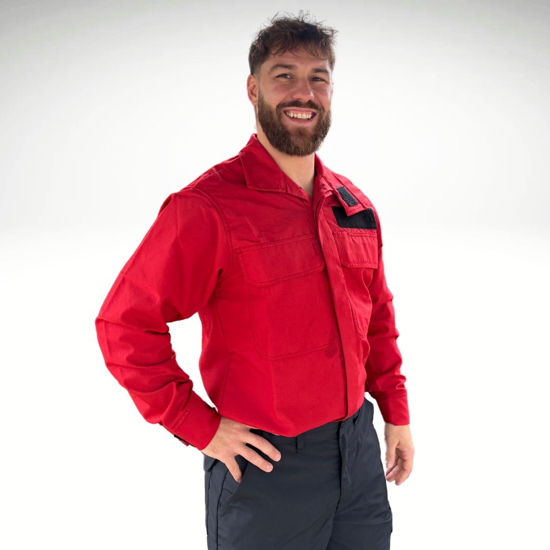 MWG RIPGUARD Men's FR Wildland Shirt. Men's FR Shirt is bright red with a black velcro name patch.