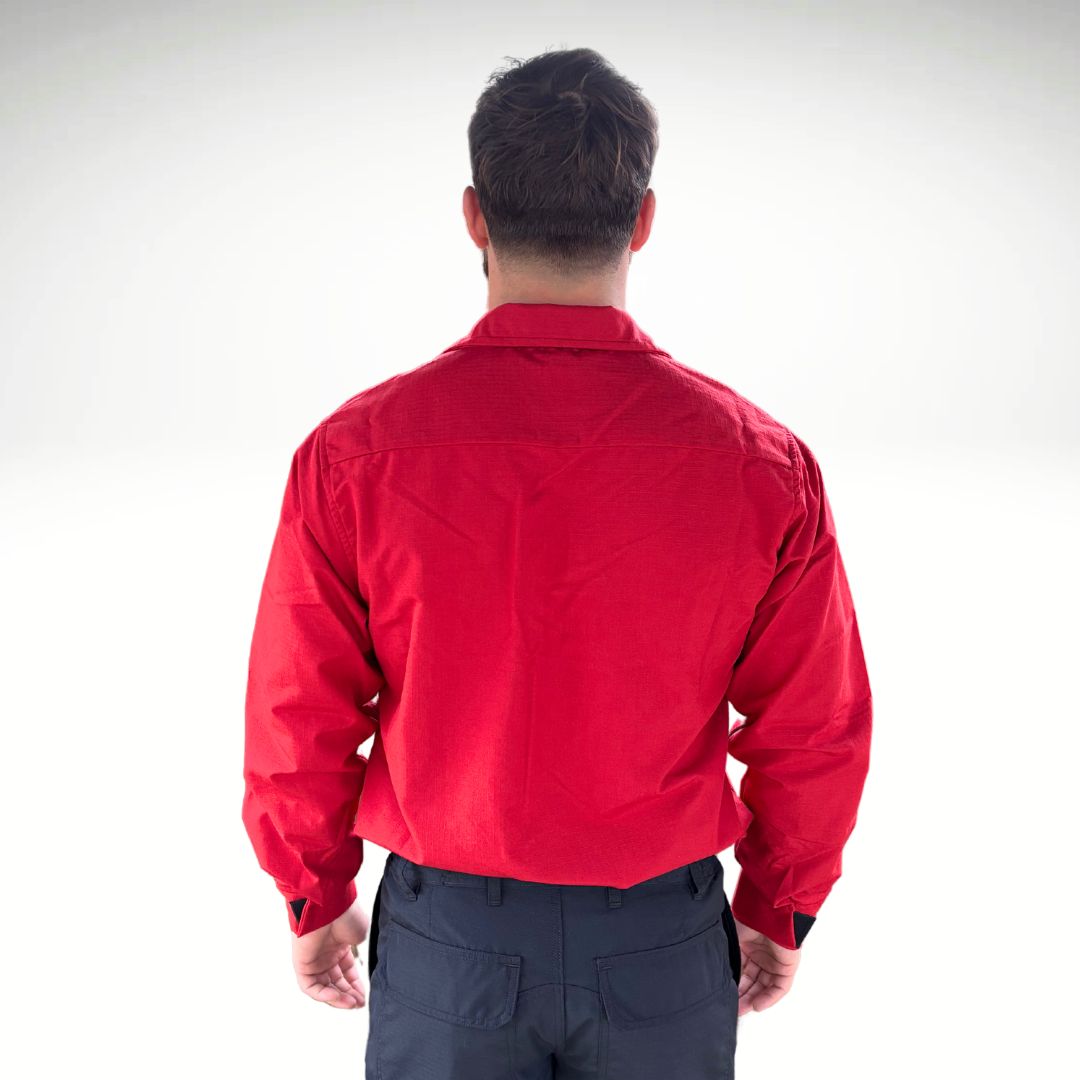 MWG RIPGUARD Men's FR Wildland Shirt. Men's FR Shirt is bright red with a black velcro name patch.