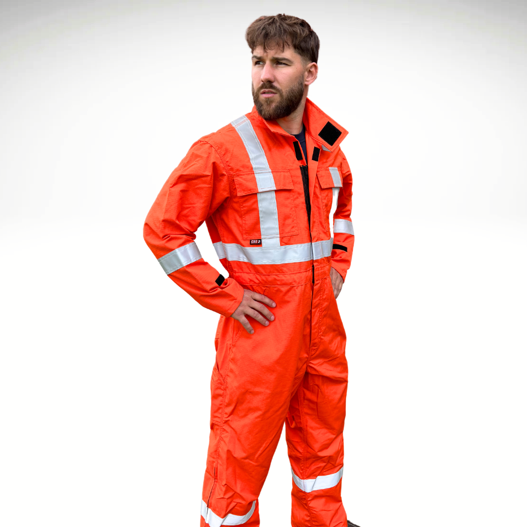 MWG RIPGUARD FR Coverall. FR Coverall is bright orange with silver reflective striping on torso, sleeves, and legs for high-visibility. FR Coveralls are lightweight and breathable. FR Coveralls are made with MWG RIPGUARD, an inherently flame-resistant ripstop fabric.