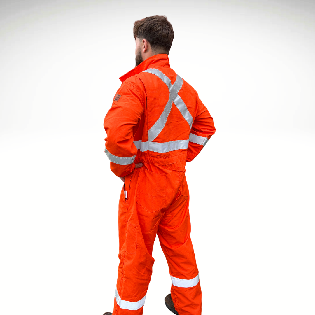 MWG RIPGUARD FR Coverall. FR Coverall is bright orange with silver reflective striping on torso, sleeves, and legs for high-visibility. FR Coveralls are lightweight and breathable. FR Coveralls are made with MWG RIPGUARD, an inherently flame-resistant ripstop fabric.