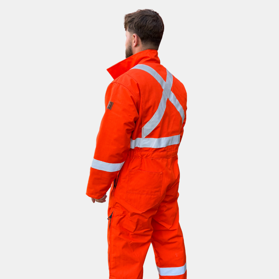 MWG STORMSHIELD Insulated FR Coverall. FR Coveralls are bright orange with silver reflective striping on torso, sleeves, and legs for high-visibility. FR Coveralls have a black FR zipper on front and legs. FR Coveralls are made with MWG STORMSHIELD, flame-resistant waterproof fabric. FR Coveralls have a CAT 4 FR rating and 49 ATPV.