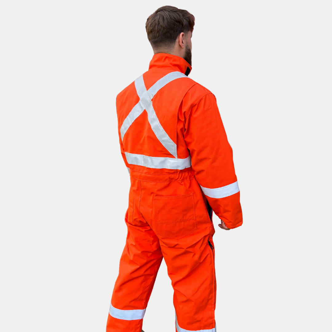 MWG STORMSHIELD Insulated FR Coverall. FR Coveralls are bright orange with silver reflective striping on torso, sleeves, and legs for high-visibility. FR Coveralls have a black FR zipper on front and legs. FR Coveralls are made with MWG STORMSHIELD, flame-resistant waterproof fabric. FR Coveralls have a CAT 4 FR rating and 49 ATPV.