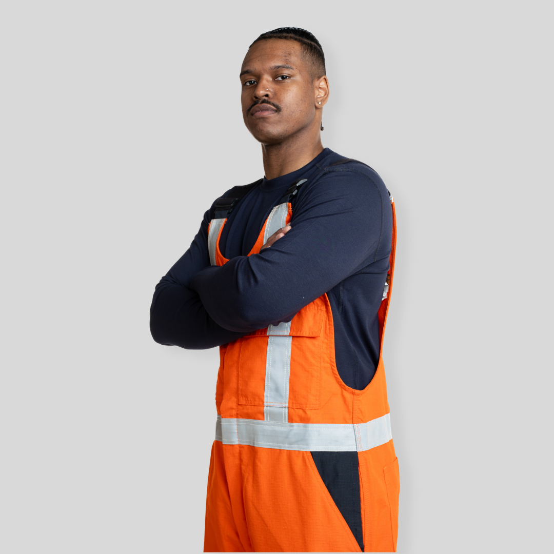 MWG RIPGUARD Men's FR Bib Overall. Men's FR Bib Overall is orange and navy with silver reflective. Men's FR Bib is CAT 2 FR.