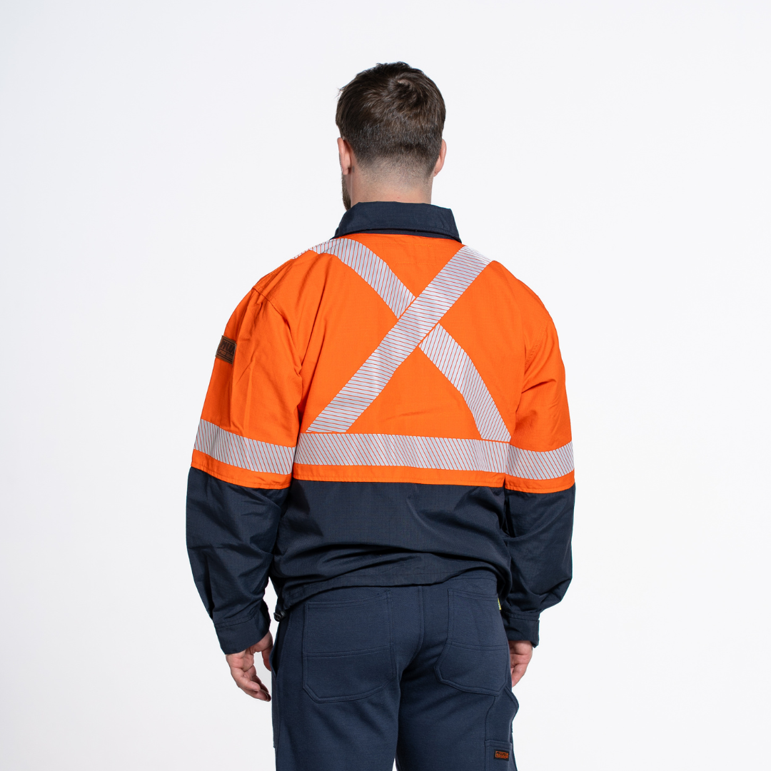 MWG RIPGUARD Men's FR Lightweight Jacket. FR Jacket is orange and nay with silver reflective striping. FR Jacket is CAT 2 FR.