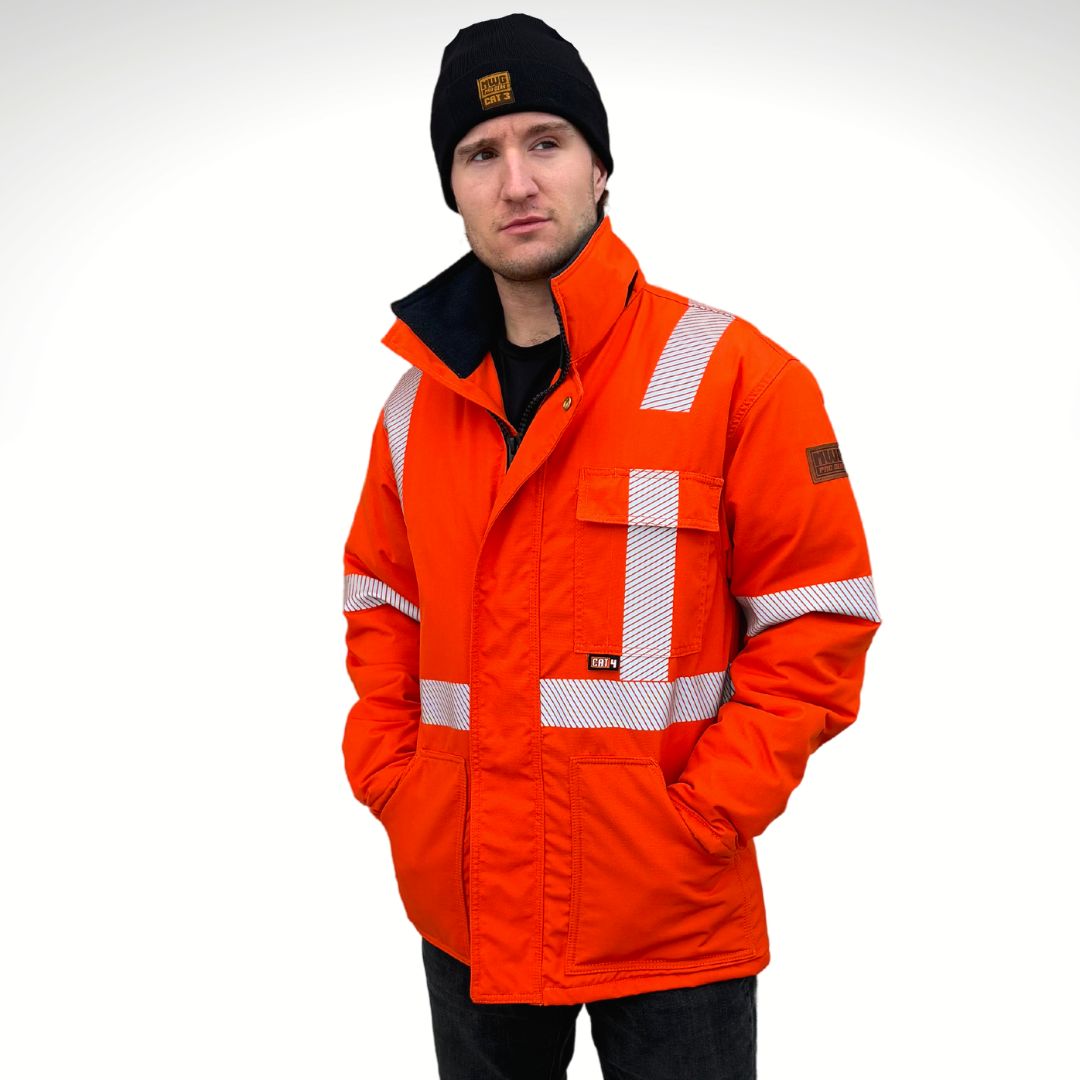 Men's FR Jacket. Inherent FR jacket. Bright orange with silver reflective striping. CAT 4 FR rating.