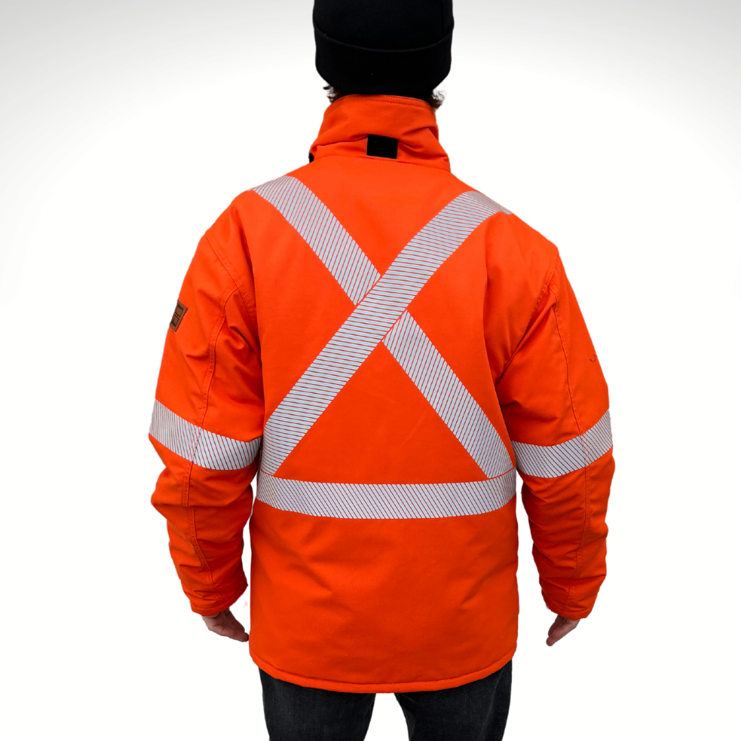 Men's FR Jacket. Inherent FR jacket. Bright orange with silver reflective striping. CAT 4 FR rating.