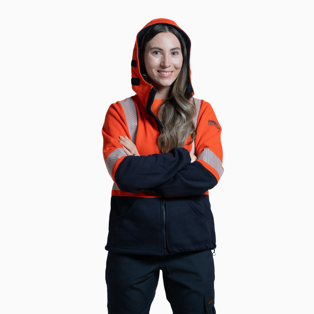 MWG BLOCKER Women's FR Full-Zip Hoodie. Women's FR Hoodie is orange and navy with silver reflective striping. CAT 3 FR.