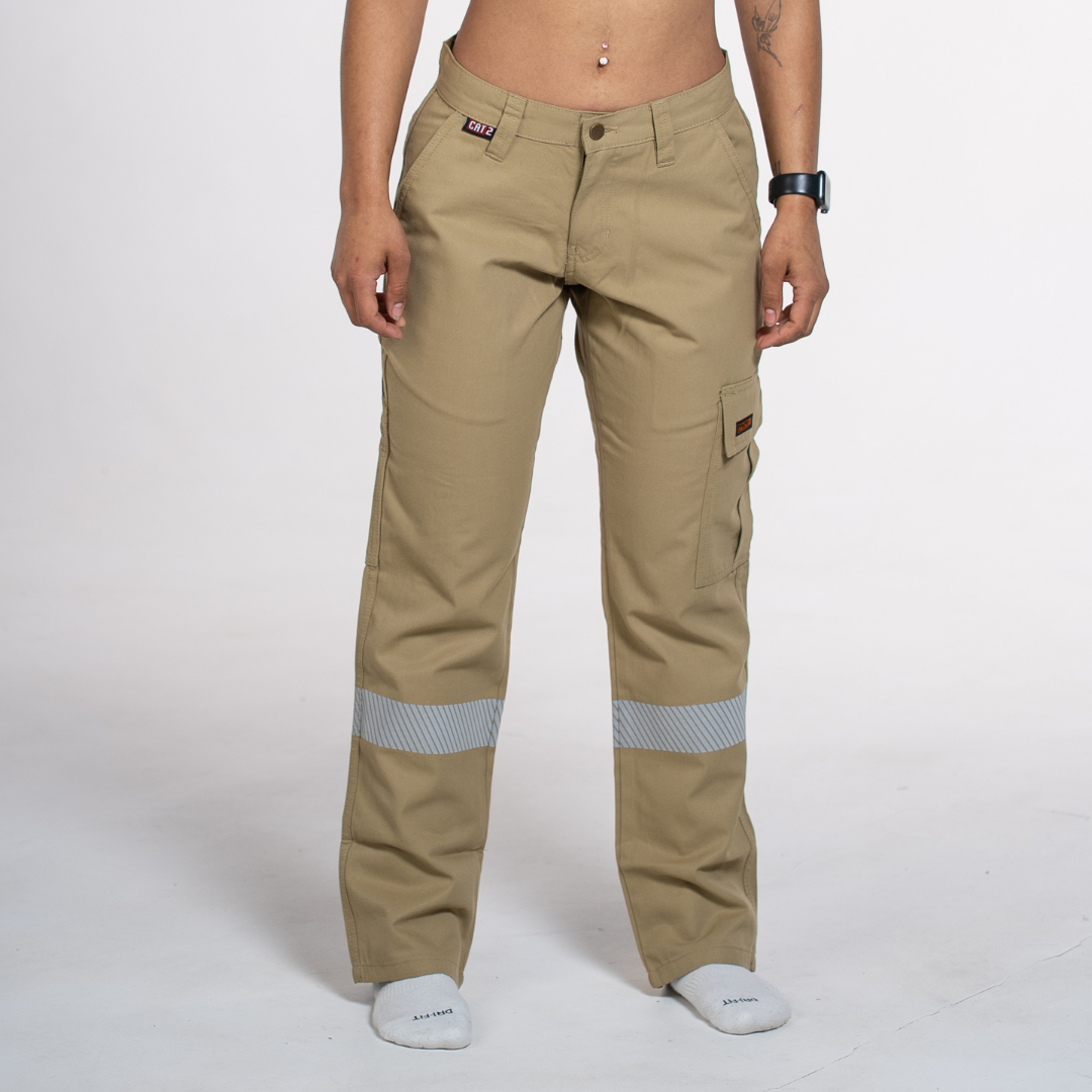 MWG COMFORT WEAVE Women's FR Utility Pant. Women's FR Pants are tan with silver reflective striping. Women's FR Pants are CAT 2 FR.