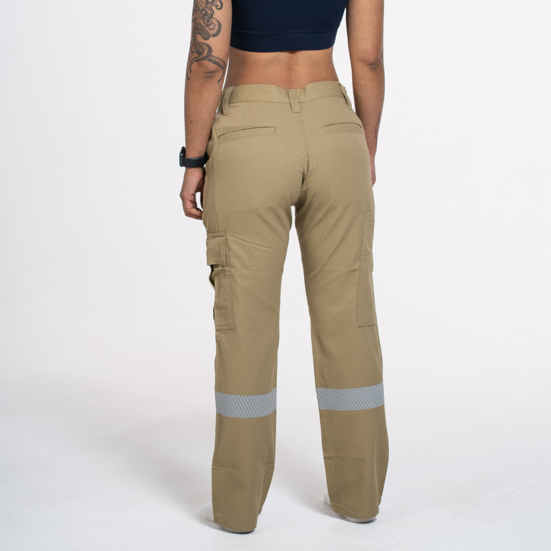 MWG COMFORT WEAVE Women's FR Utility Pant. Women's FR Pants are tan with silver reflective striping. Women's FR Pants are CAT 2 FR.