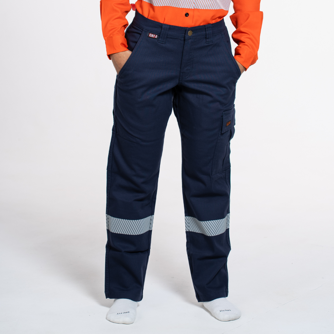 MWG FLEXGUARD Women's FR Utility Pant. Women's FR Pant is navy with silver reflective striping. Women's FR Pant is CAT 2 FR.
