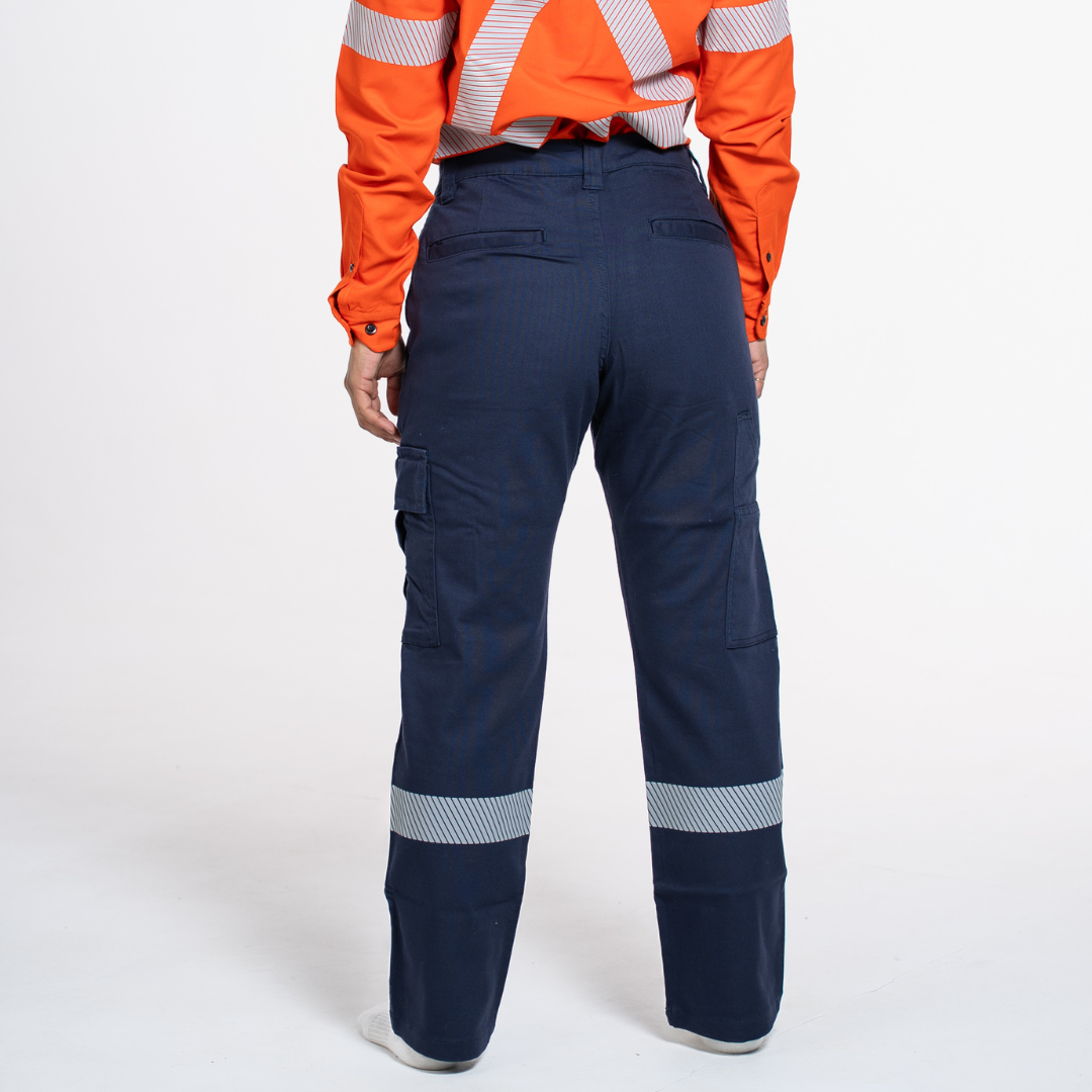 MWG FLEXGUARD Women's FR Utility Pant. Women's FR Pant is navy with silver reflective striping. Women's FR Pant is CAT 2 FR.