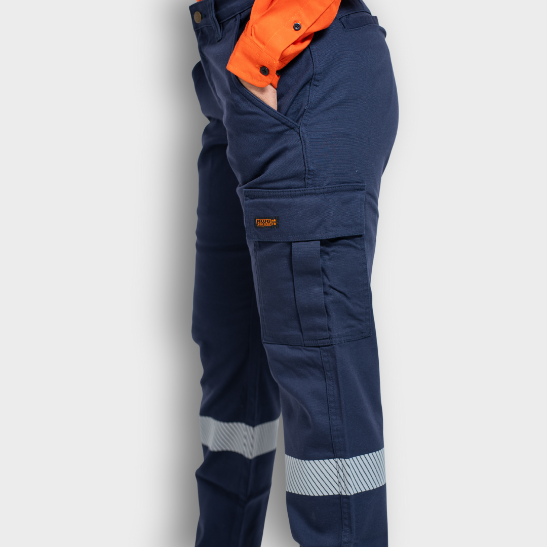 MWG FLEXGUARD Women's FR Utility Pant. Women's FR Pant is navy with silver reflective striping. Women's FR Pant is CAT 2 FR.
