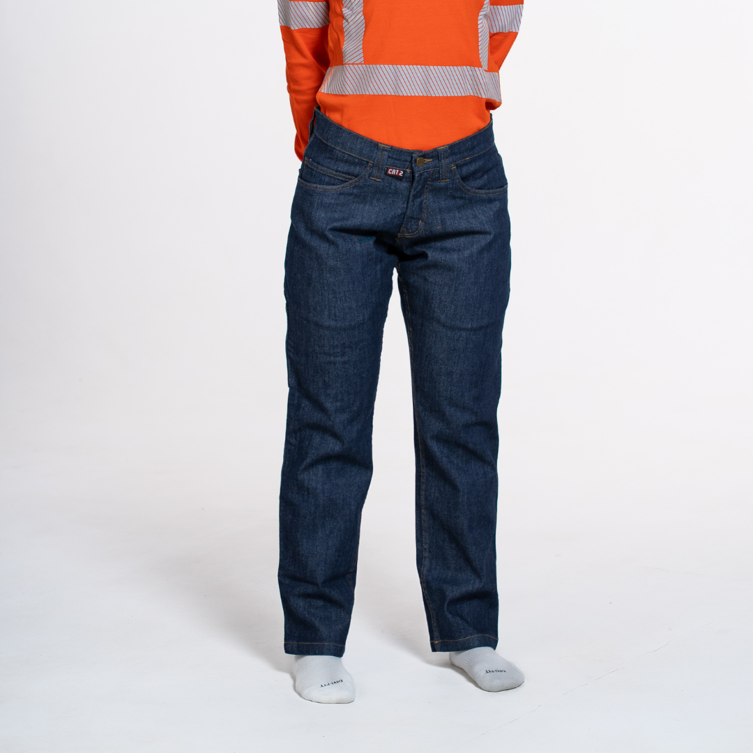 Women's FR Jeans. Women's FR Jeans are navy. Women's FR Jeans are CAT 2 FR.