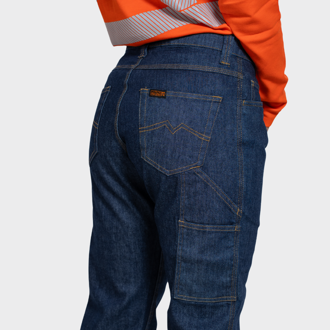 Women's FR Jeans. Women's FR Jeans are navy. Women's FR Jeans are CAT 2 FR.