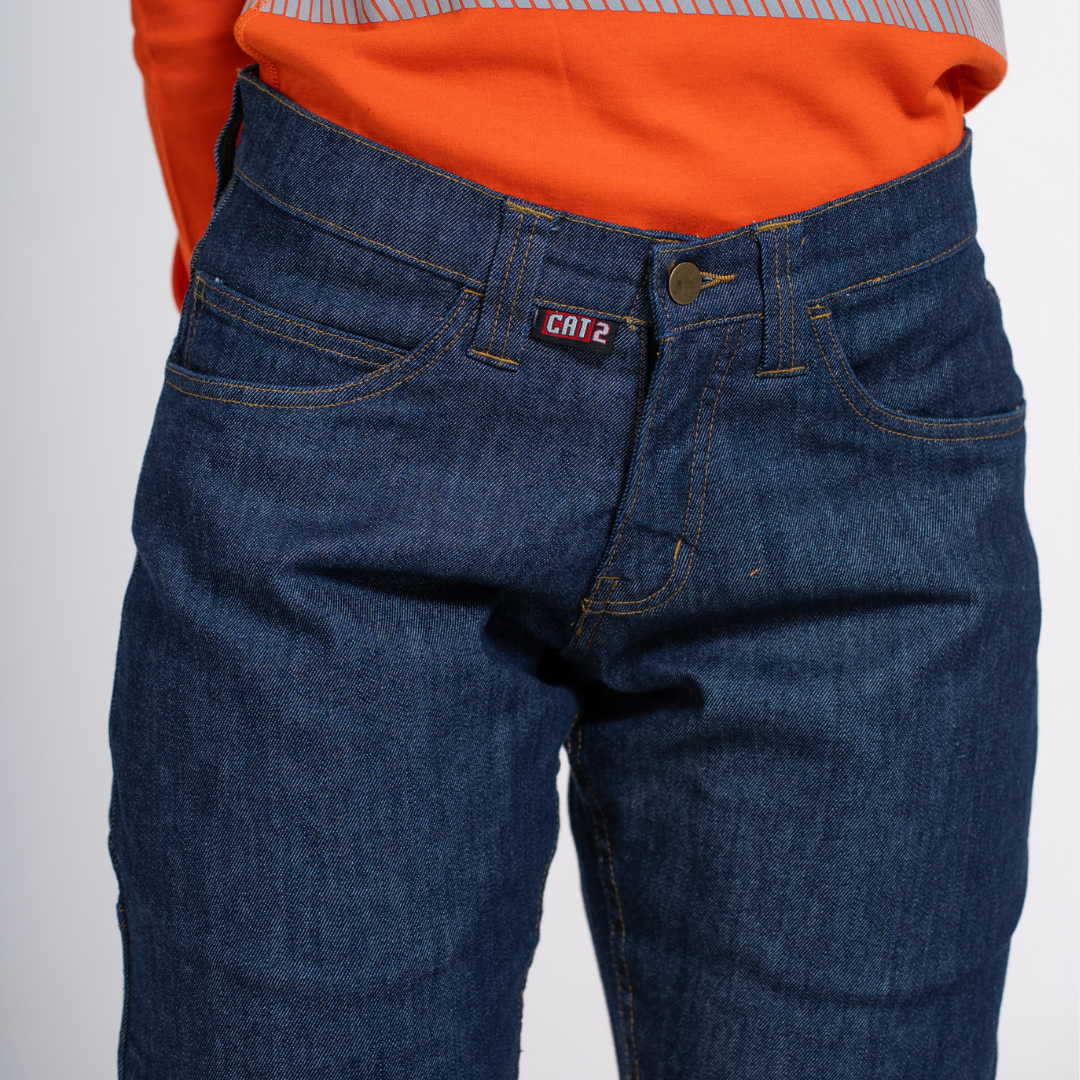 Women's FR Jeans. Women's FR Jeans are navy. Women's FR Jeans are CAT 2 FR.
