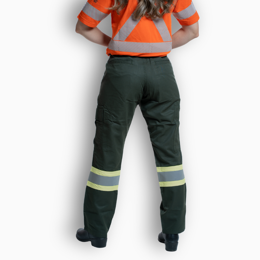 MWG COMFORT WEAVE Women's FR Utility Pants. Women's FR Pants are green in color with silver reflective striping on lower legs for high-visibility. Women's FR Pants are made with inherently fire resistant fabric. Women's FR Pants are CAT 2 FR.