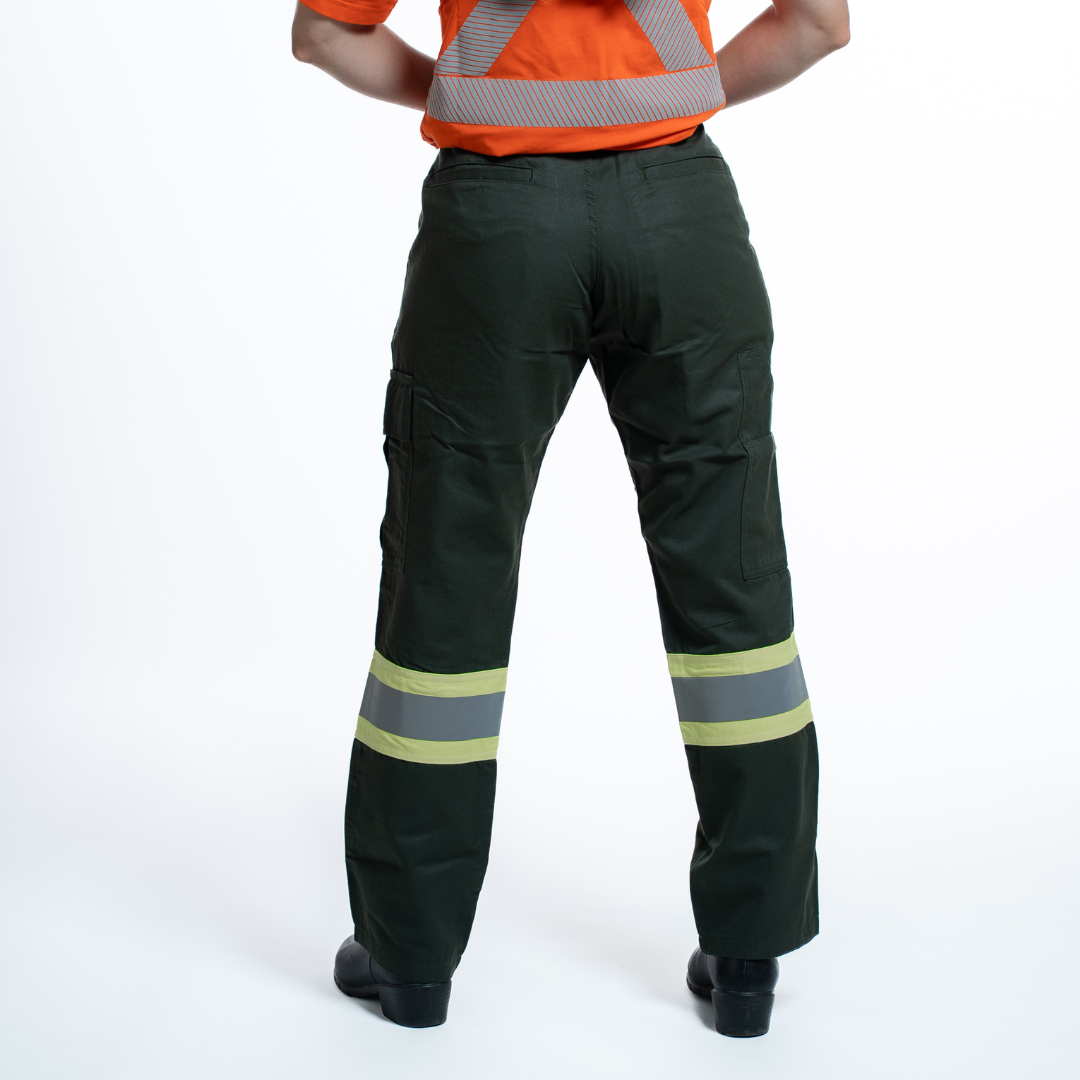 MWG COMFORT WEAVE Women's FR Utility Pants. Women's FR Pants are green in color with silver reflective striping on lower legs for high-visibility. Women's FR Pants are made with inherently fire resistant fabric. Women's FR Pants are CAT 2 FR.